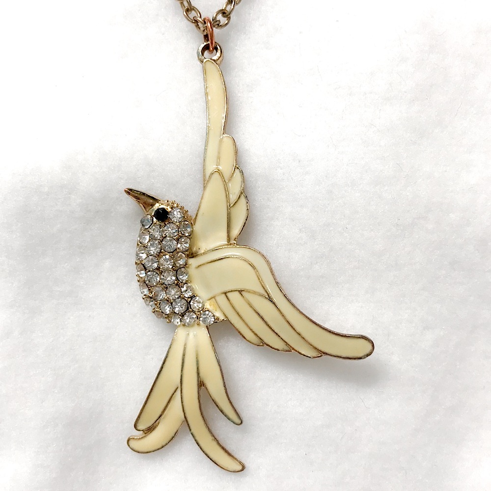 Vintage Crystal Rhinestones Enameled Hummingbird Necklace